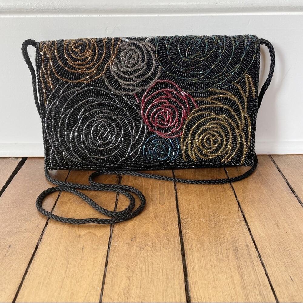 ADG Fashion Imports Vintage Black Beaded Bag Rose Design